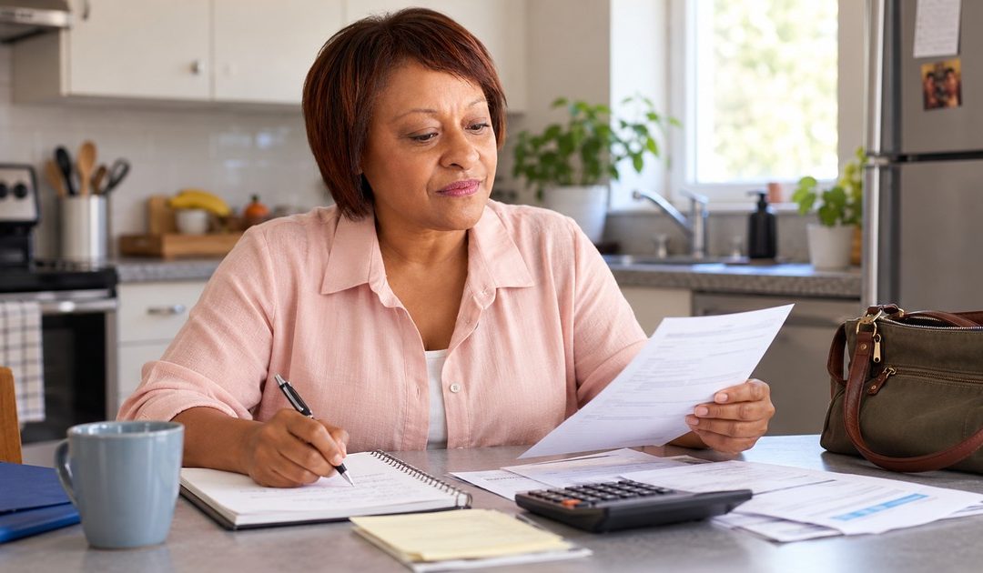 A mature woman with a chestnut bob organizes essential papers and a modest household budget at a plain grey laminate kitchen table.