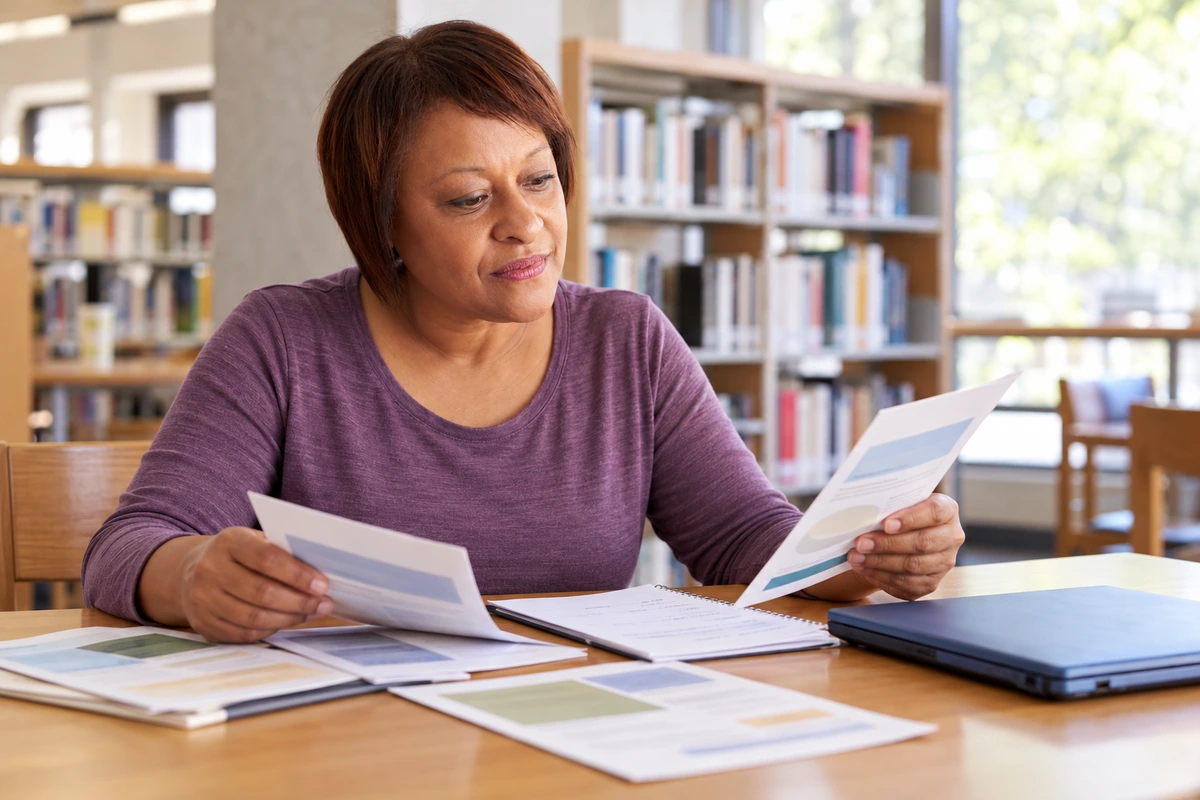 Woman comparing resource leaflets and notes at a library table